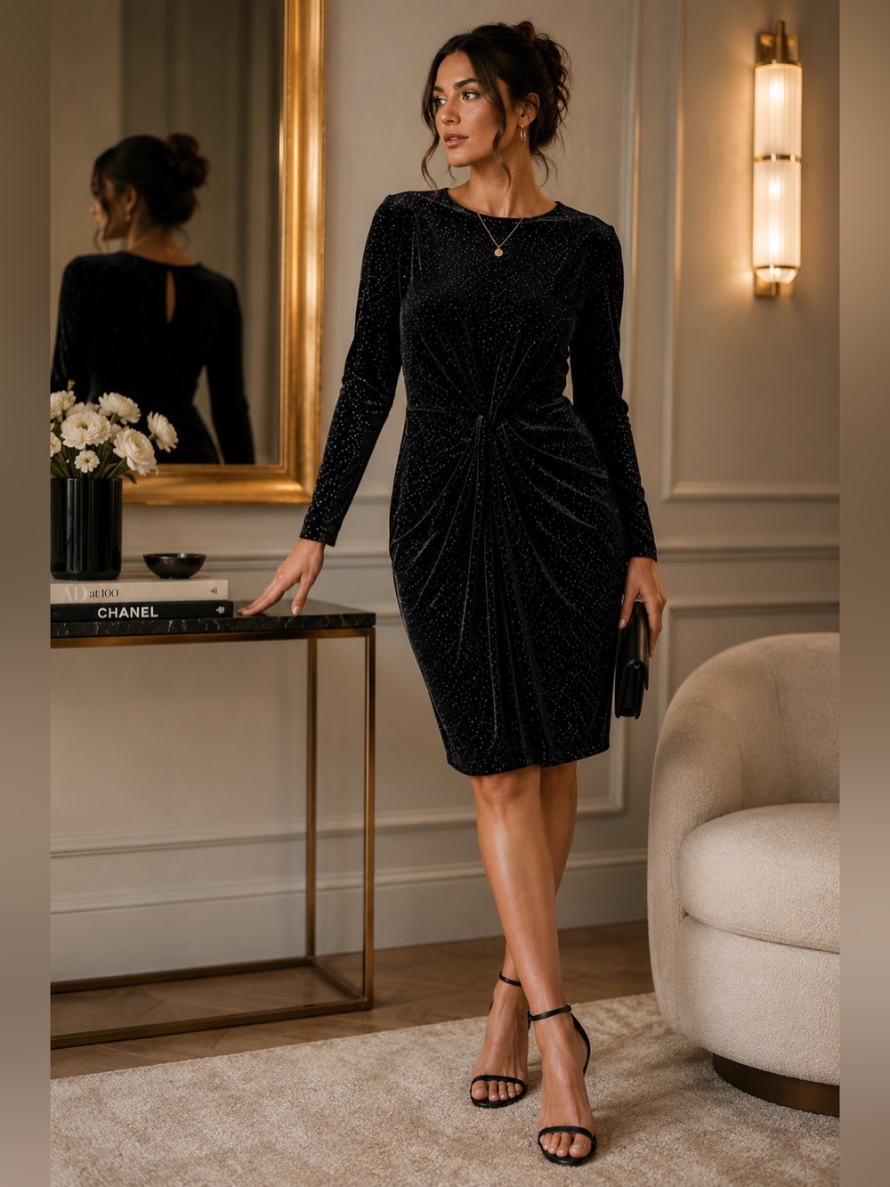 H&M Black Velvet Sparkle Long-Sleeve Twist Front Dress Small NWT
